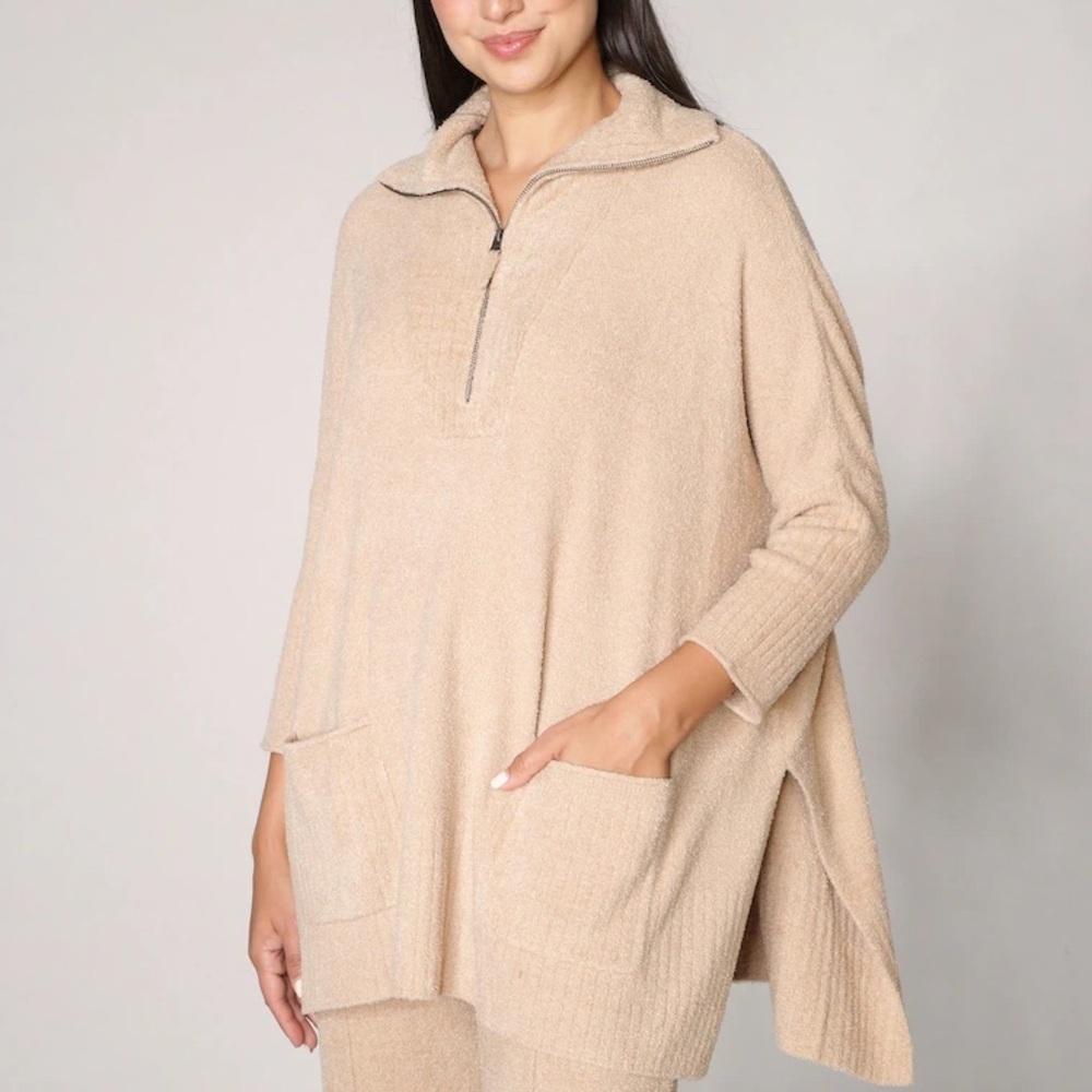 Barefoot Dreams | Cozy Chic Lite Half Zip Poncho Soft Camel Chenille Sweater S/M - Picture 1 of 16